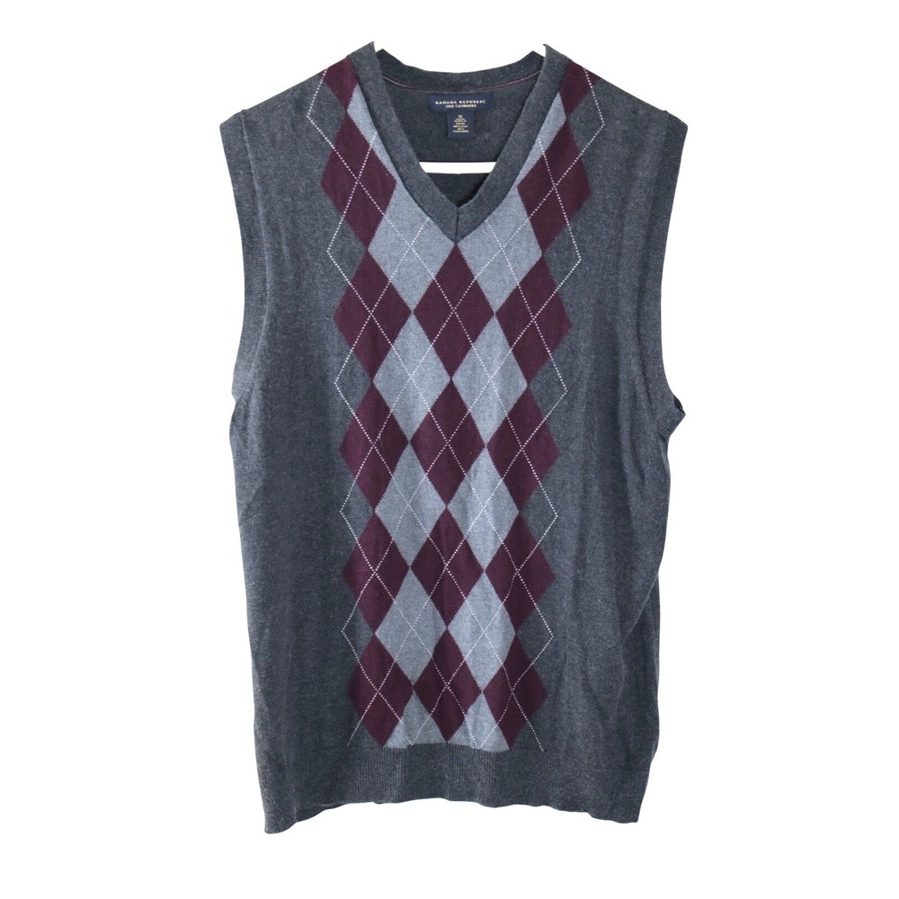 Banana Republic Mens Argyle Sweater Vest Silk Cashmere Grey Burgundy V-Neck M